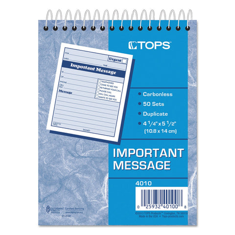 TOPS 2-Part Carbonless Phone Message Book, 4.25 x 6 Inches, Top Spiral Binding, 1 per Page, 50 Sheets, Pink and Canary, (4010)