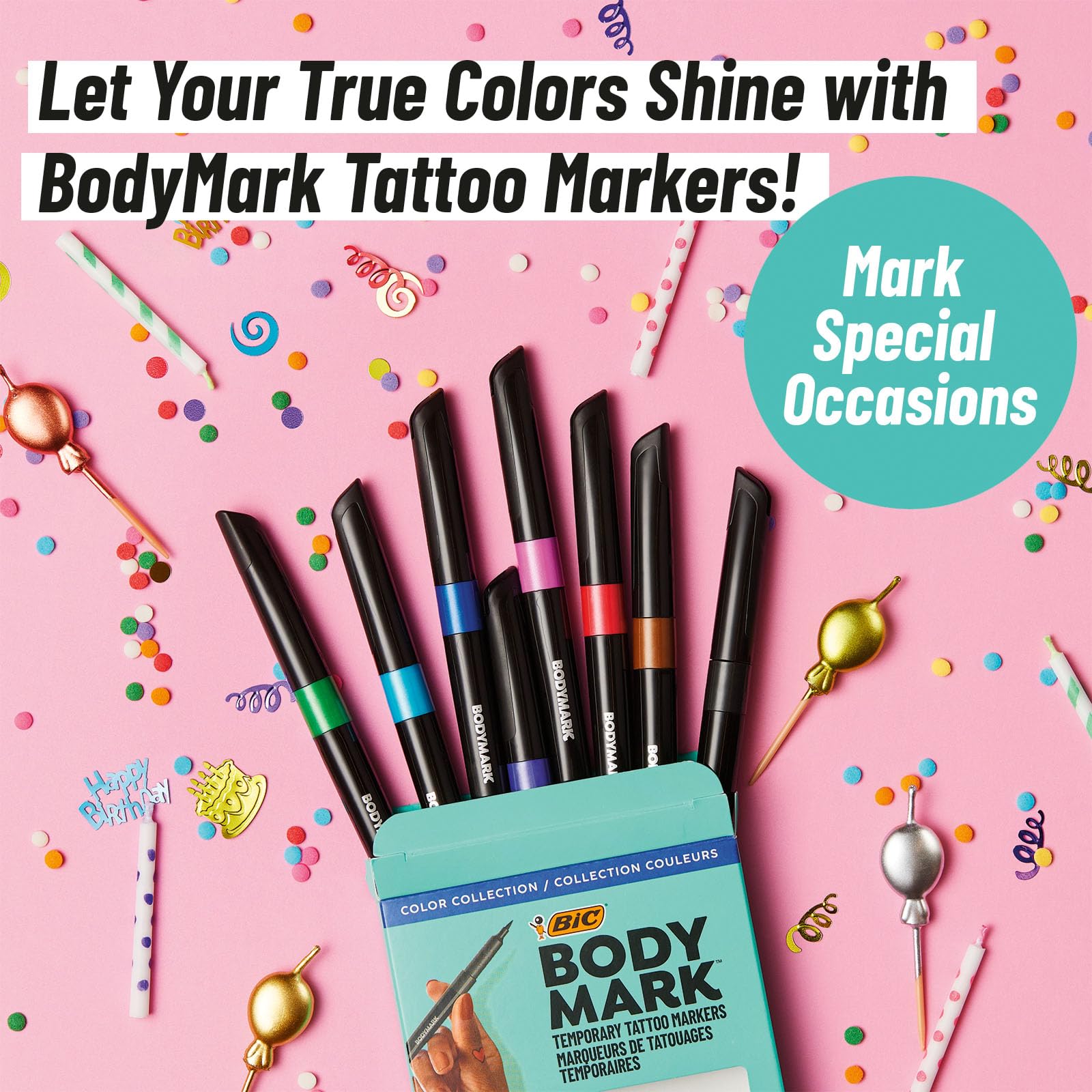 BIC BodyMark Temporary Tattoo Markers for Skin, Precision Series, Fine Tip, 8-Count Pack of Assorted Colors, Skin-Safe*, Cosmetic Quality