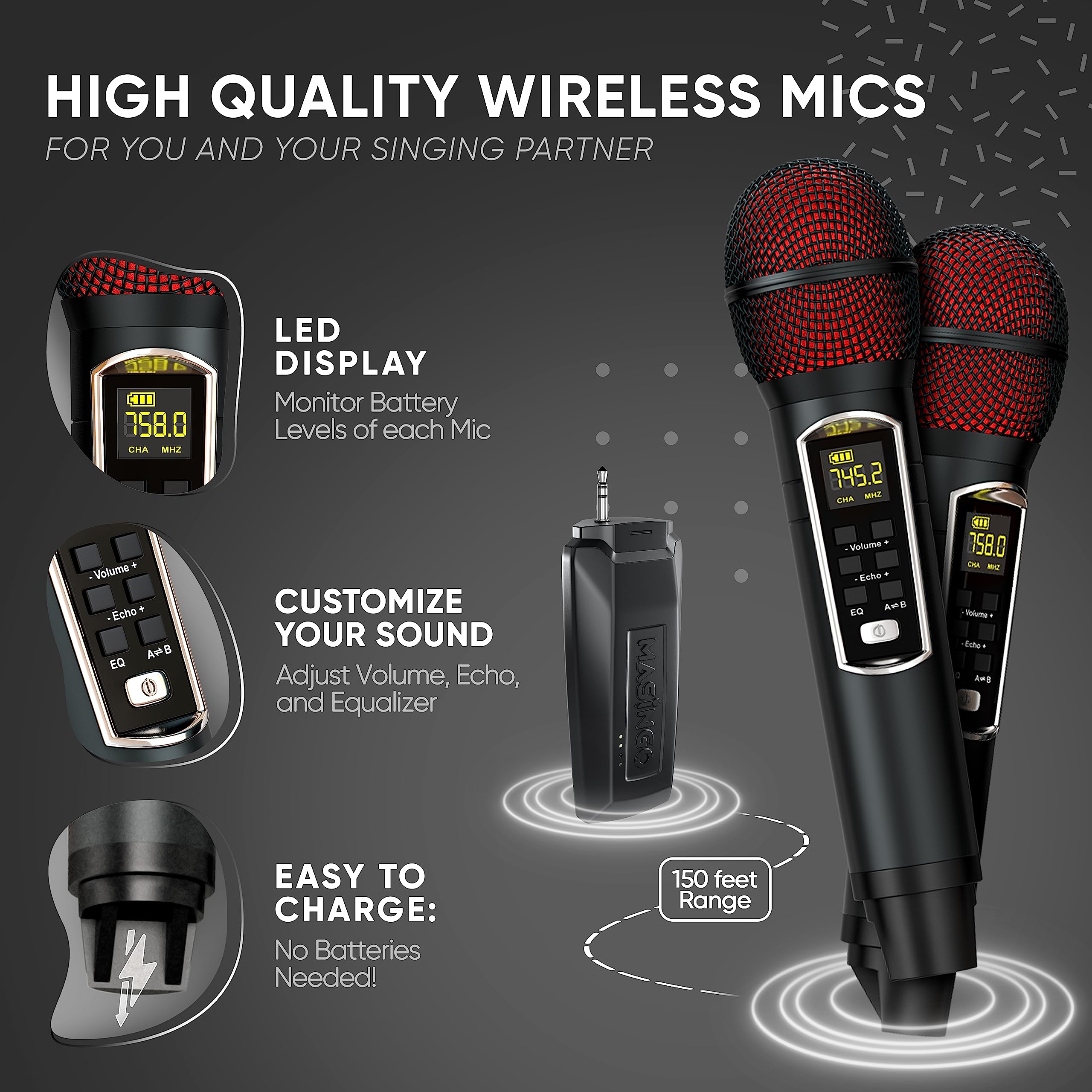 MASINGO 2 Wireless Karaoke Microphones, Integrated Bluetooth Receiver - Connects Mics and Smartphone to Any Speaker with AUX/Mic Input - Includes Singer Vocal Removal Mode + Charging Base - A12