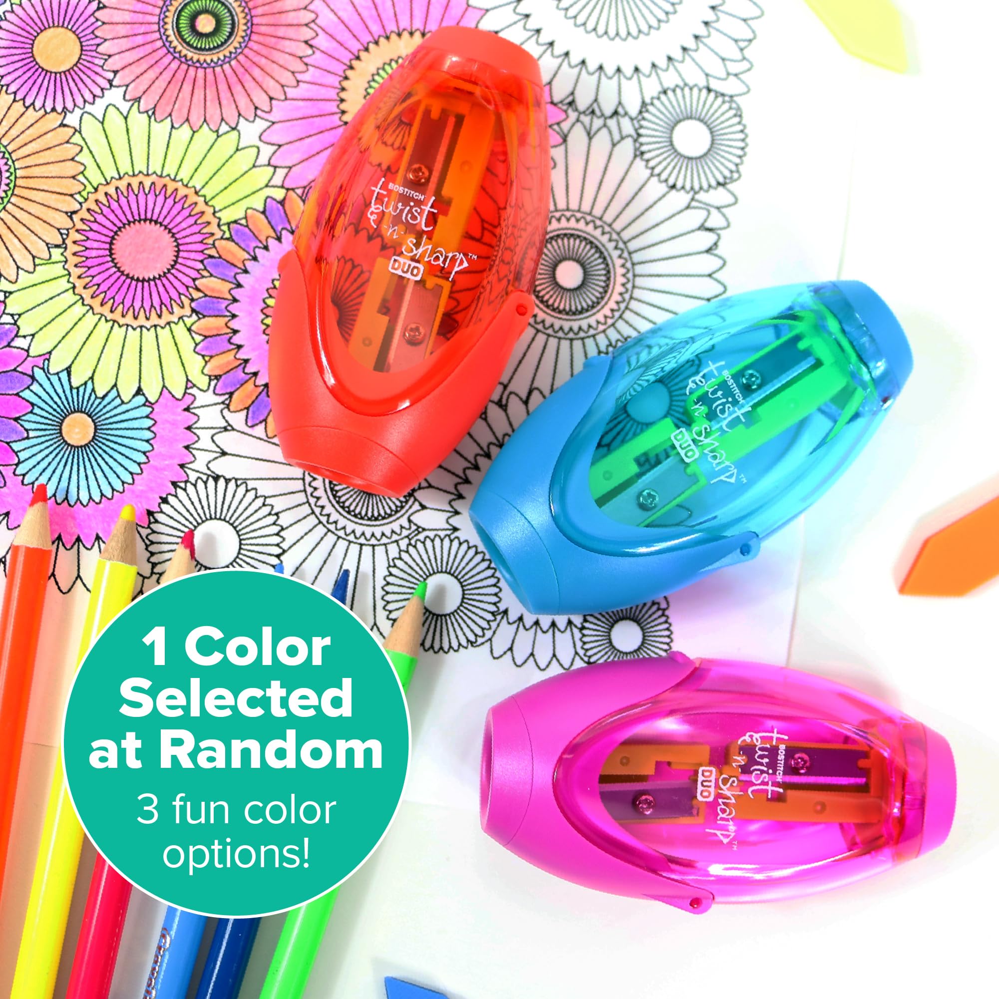 Bostitch Office Twist-N-Sharp Manual Pencil Sharpener, 2 Holes for Standard and Jumbo Pencils with Ratchet Technology, 1 Sharpener Random Color