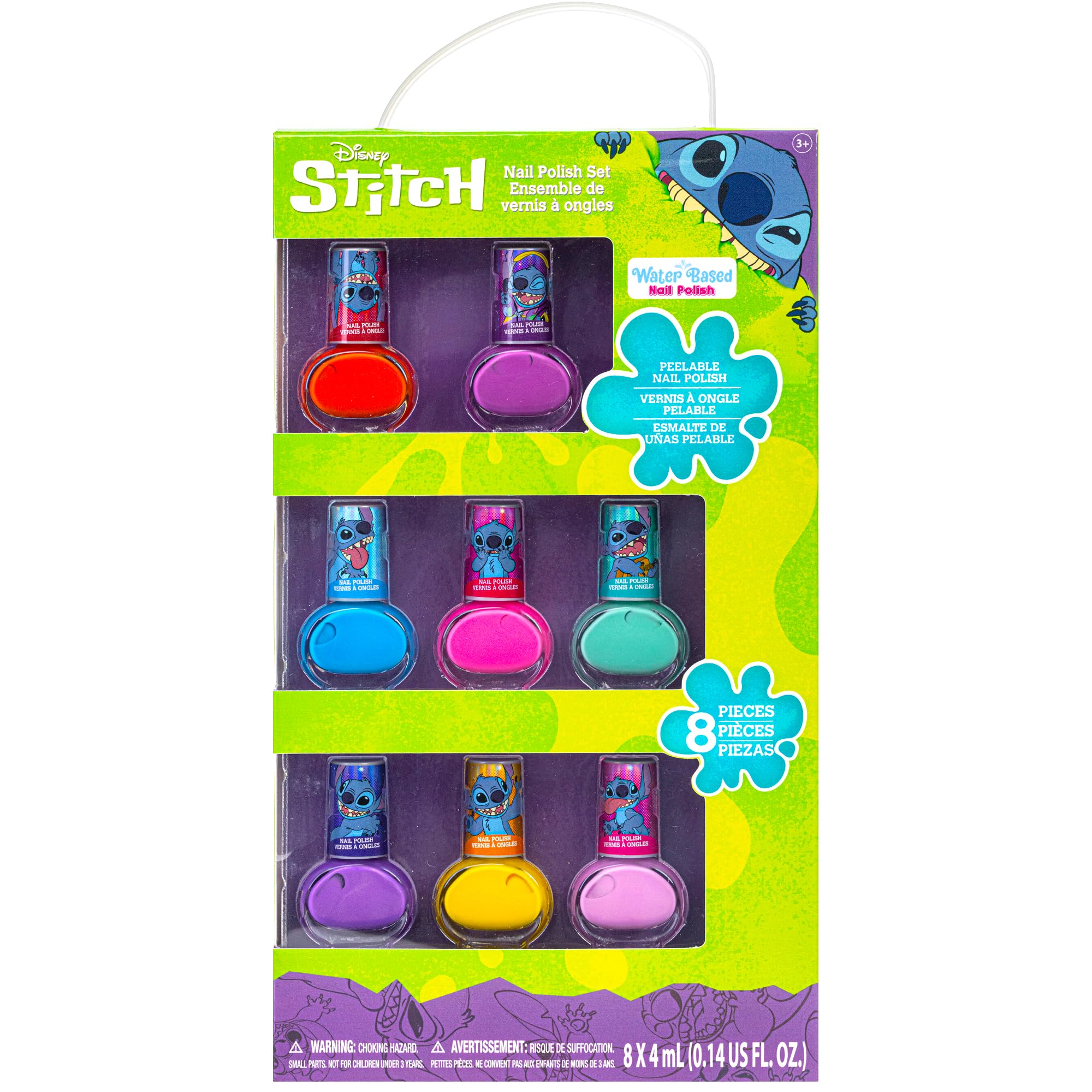 Disney Stitch Non-Toxic Peel-Off Water-Based Safe Quick Dry Nail Polish |Gift Kit Set for Kids Tweens Girls, Shimmer and Opaque Colors| Ages 3+ (8 Pcs)