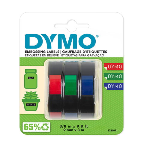DYMO Self-Adhesive Embossing Labels, 3/8-Inch x 9.8-Foot Roll, Assorted Colors, 3 Pack