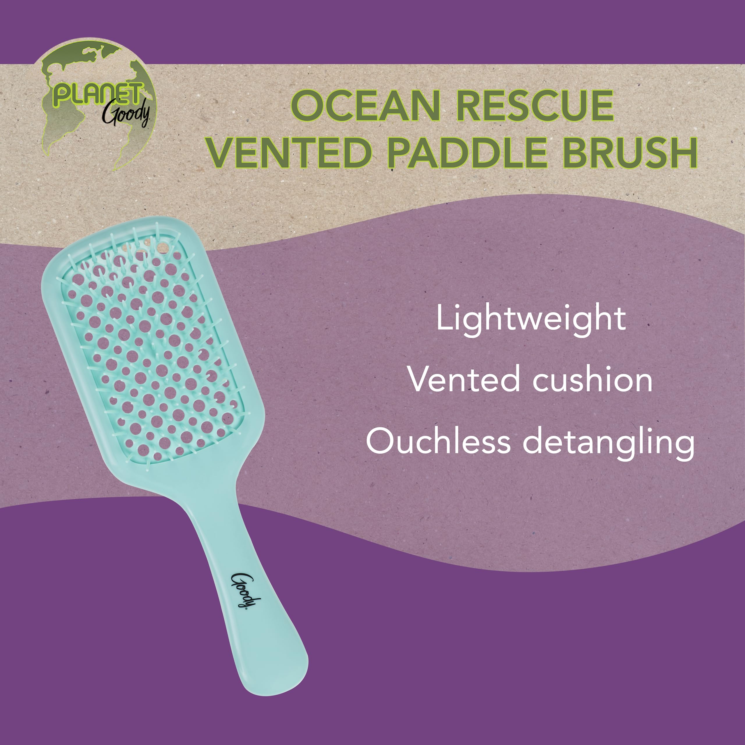 Planet Goody Ocean Rescue Vented Paddle Brush - Teal, Ouchless Detangler with Flexible Bristles, Helps Accelerate Drying, Use as a Detangling or Styling Brush, All Hair Types