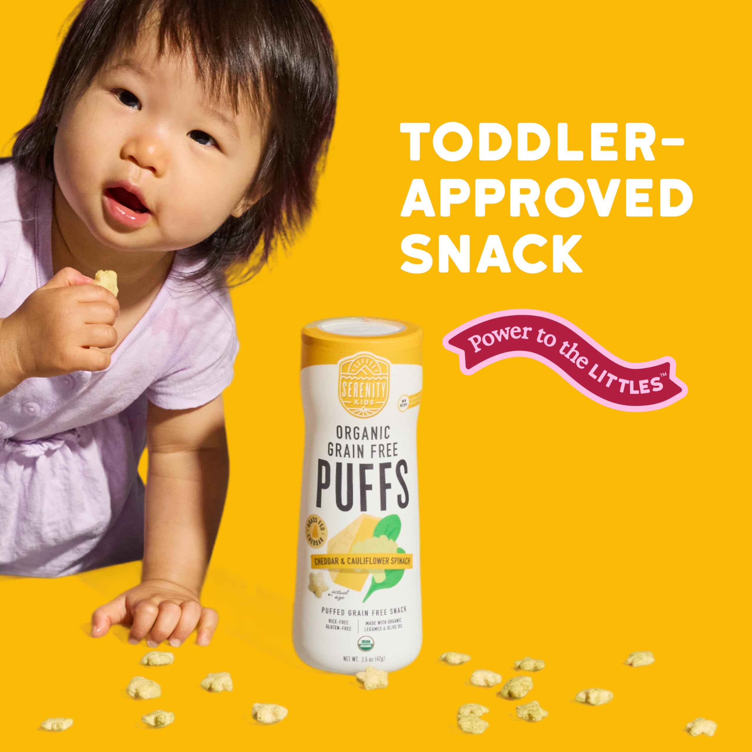 Serenity Kids 6+ Months Grain-Free Baby Puffs - Melt-in-Mouth Toddler Snacks, Easy-Grip Infant Snacks, Real Veggie & Olive Oil Organic Baby Food, 1.5 Oz, Pack of 1, White Cheddar & Cauliflower Spinach