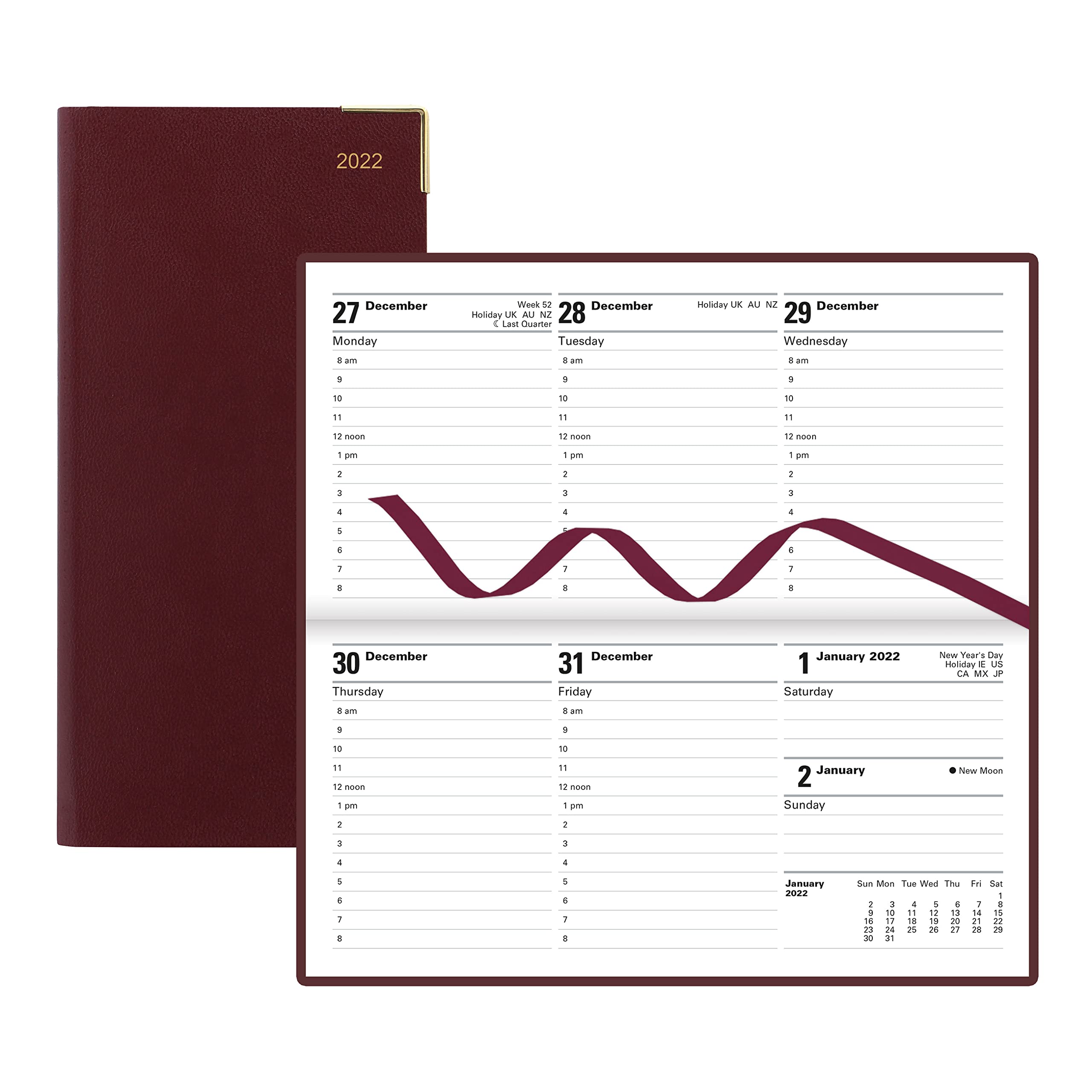 LETTS Classic Weekly/Monthly Planner, 12 Months, January to December, 2022, Week-to-View with Appointments, Gold Corners, Horizontal, 6.625" x 3.25", Burgundy (C32SBY-22)