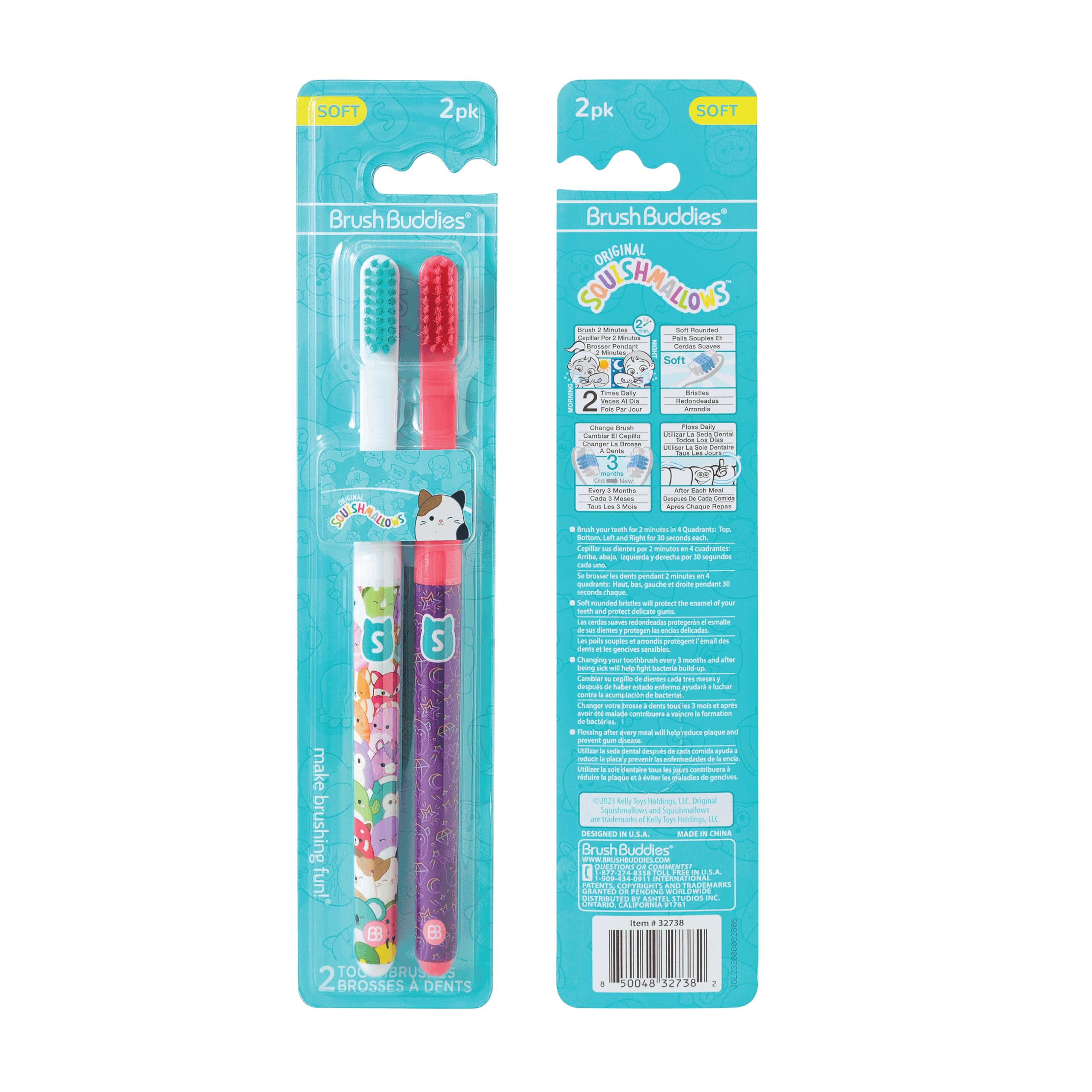 Brush Buddies Squishmallows Assorted Manual Toothbrushes, Soft Toothbrushes, Toothbrushes for Kids and Adults, 2PK