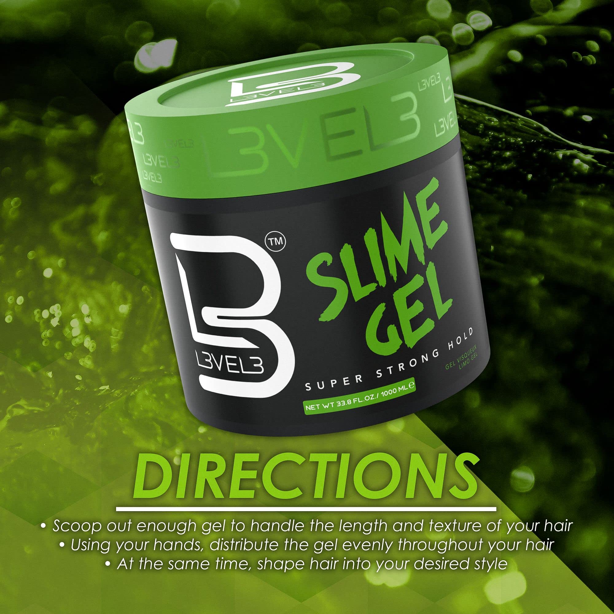 L3 Level 3 Slime Gel - Strong Control Hair Styling Gel - Flake-Free, Long-Lasting Hold - Adds Volume, Texture, and Shine (Large, 1000 ML)