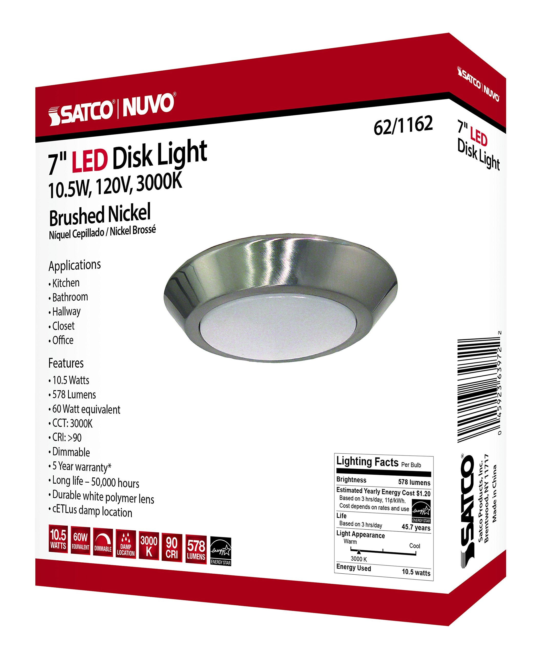 Nuvo 62/1162 One Light Flush Mount, 7 inch Diameter, Brushed Nickel