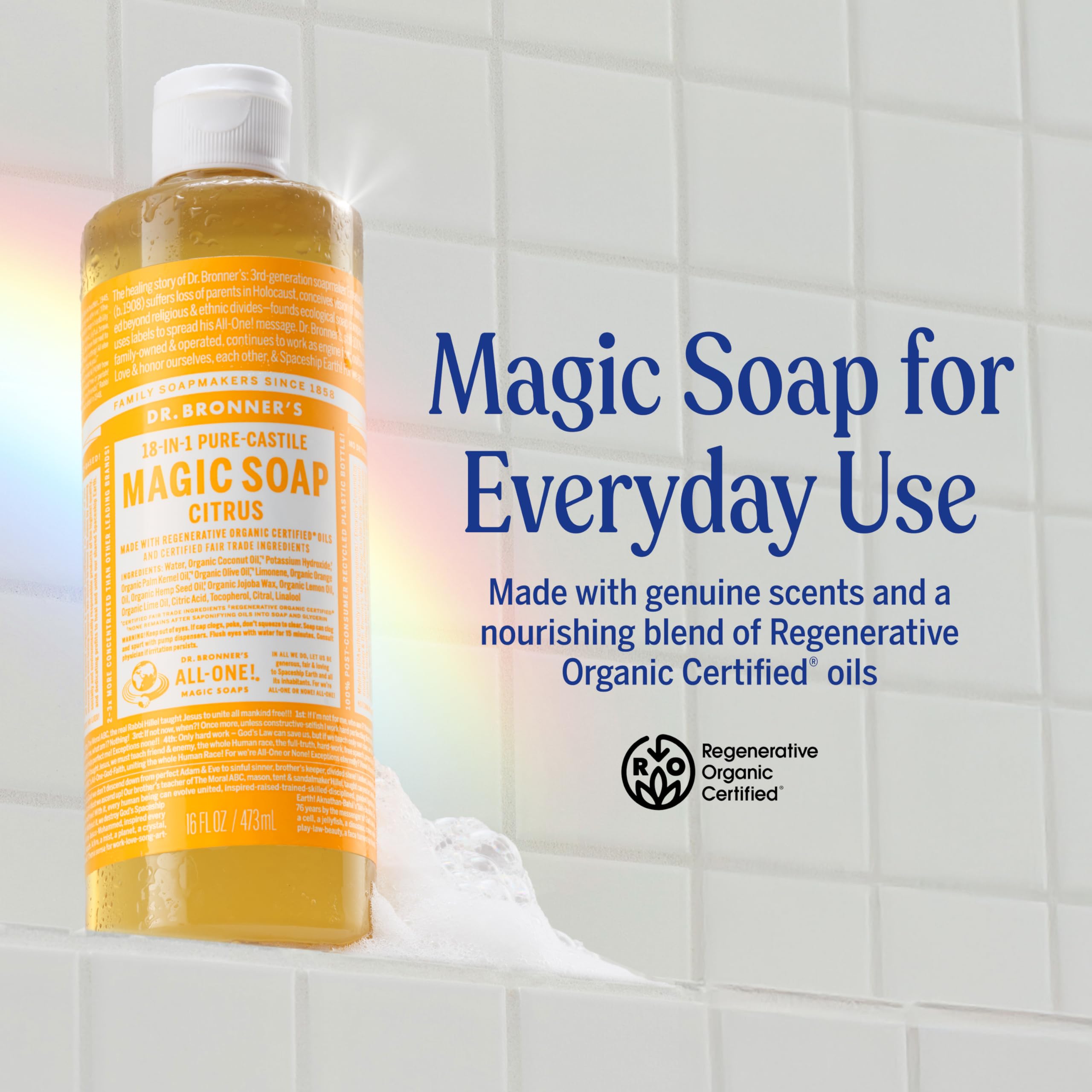 Dr. Bronner's Pure-Castile Magic Soap Liquid (Citrus, 32 Ounce - Made with Regenerative Organic Certified Oils, 18-in-1 Uses: Face, Body, Hair, Laundry, Pets and Dishes, Concentrated, Vegan, Non-GMO