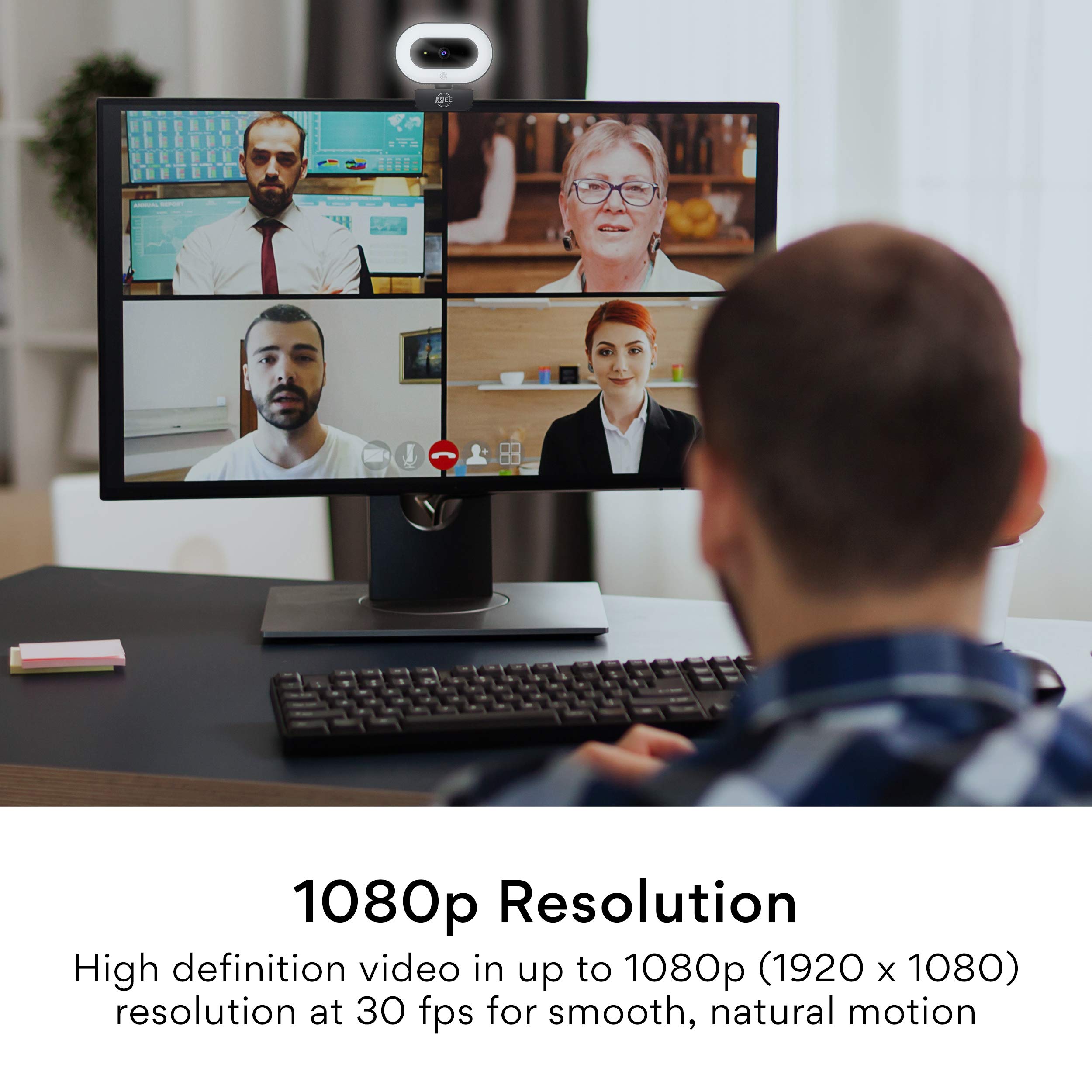 MEE audio CL8A 1080p HD Webcam with Ring Light, Microphone, Autofocus, Low Light Correction, 360° Rotation; USB Streaming Web Camera for Video Calling via Zoom/Skype on Computer PC Mac Laptop Desktop