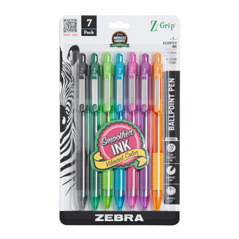 Zebra Pen Z-Grip Retractable Ballpoint Pen, Smooth-Flowing Assorted Fashion Colors, 1.0mm Medium Point, School & Office Supplies, Ideal for Note-Taking, Journal and Planner Use, 7-Pack (22276)