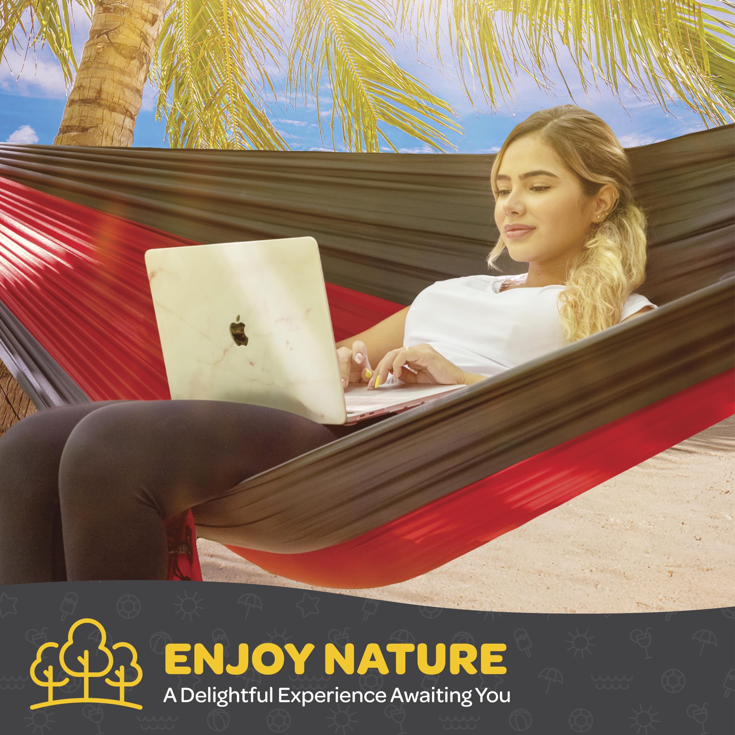 Durable Hammock 500 lb Capacity, Nylon Camping Hammock Chair - Double or Single Sizes w/Tree Straps and Attached Carry Bag - for Travel/Backpacking/Beach/Backyard (Large, Orange & Light Grey)