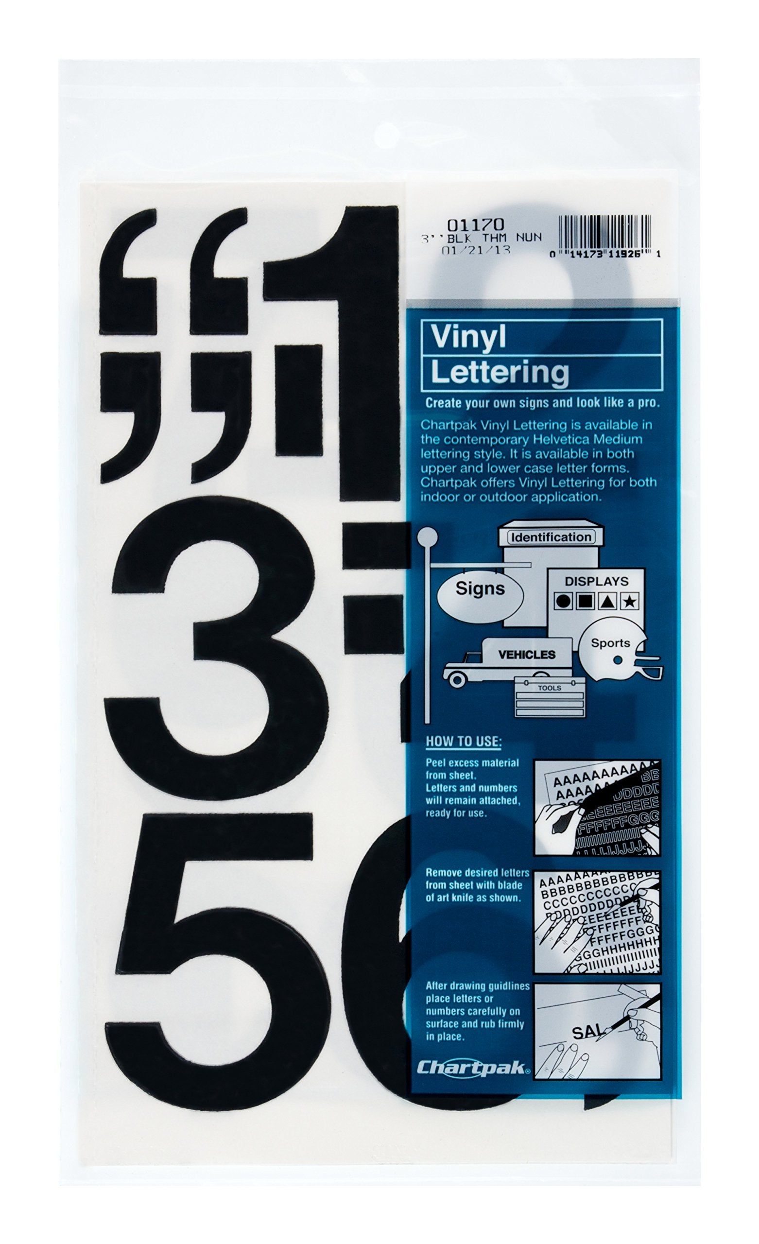 Chartpak Self-Adhesive Vinyl Numbers, 3 Inches High, Black, 10 per Pack (01170)