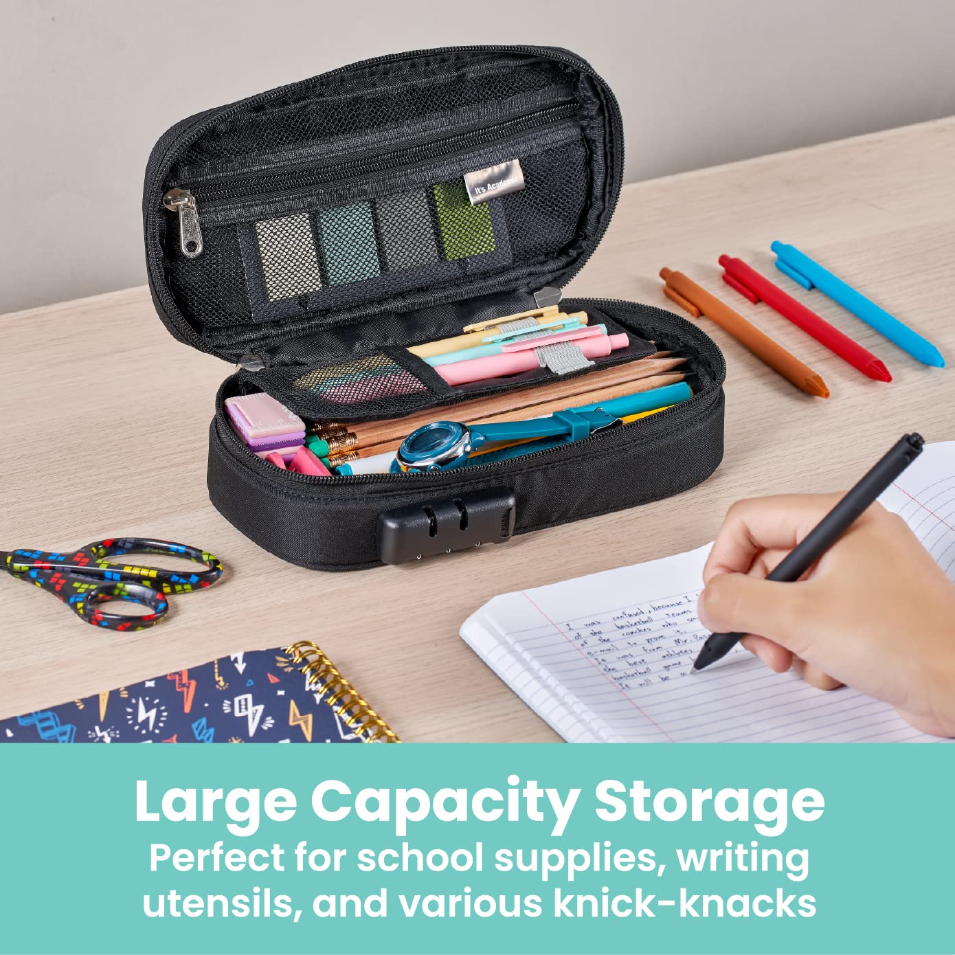 It's Academic Locking Pencil Case, for Office & School Supplies, Travel Organizer Bag, Compact, High Capacity, Light Weight, Black