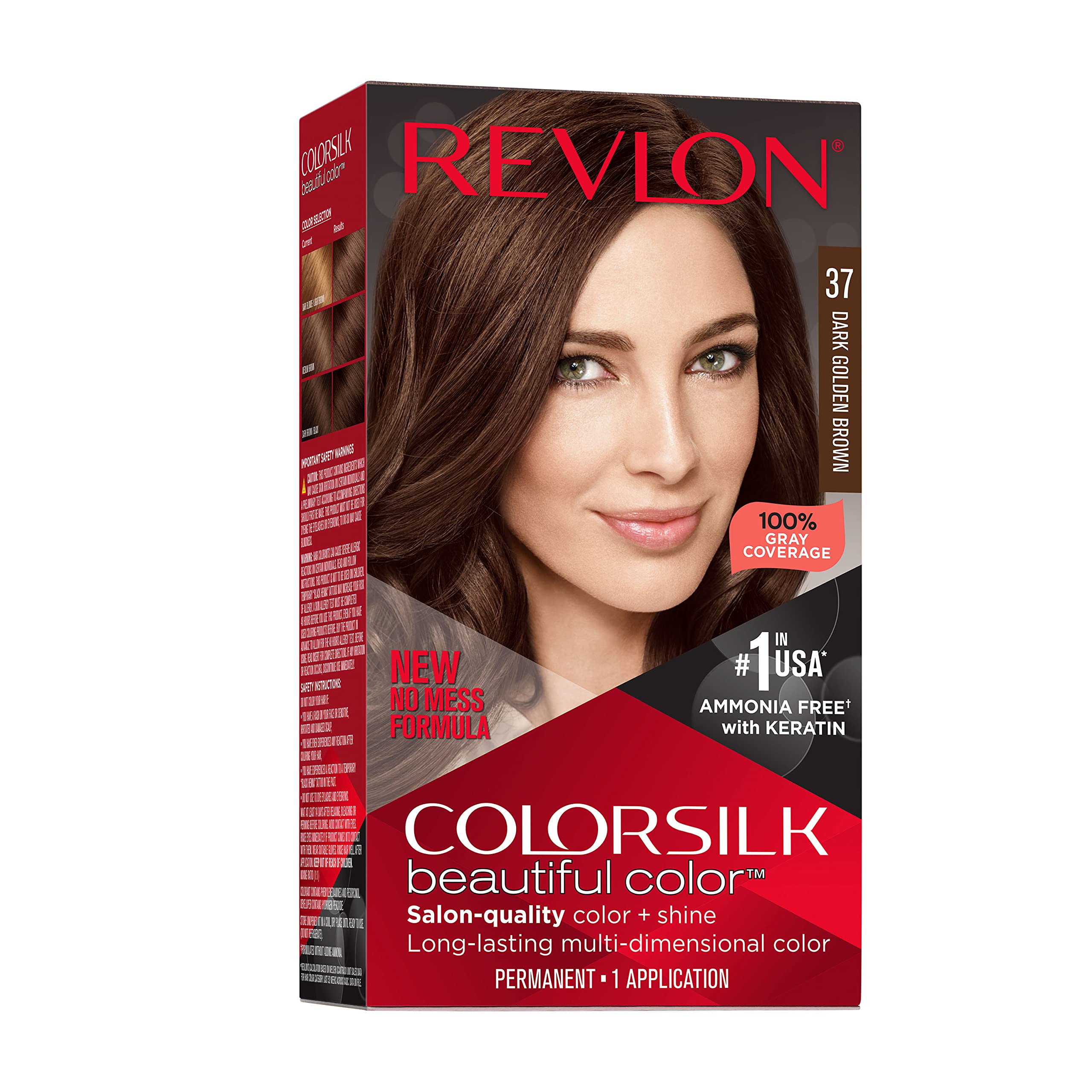 Revlon Colorsilk Beautiful Color Permanent Hair Color, Long-Lasting High-Definition Color, Shine & Silky Softness with 100% Gray Coverage, Ammonia Free, 037 Dark Golden Brown, 1 Pack