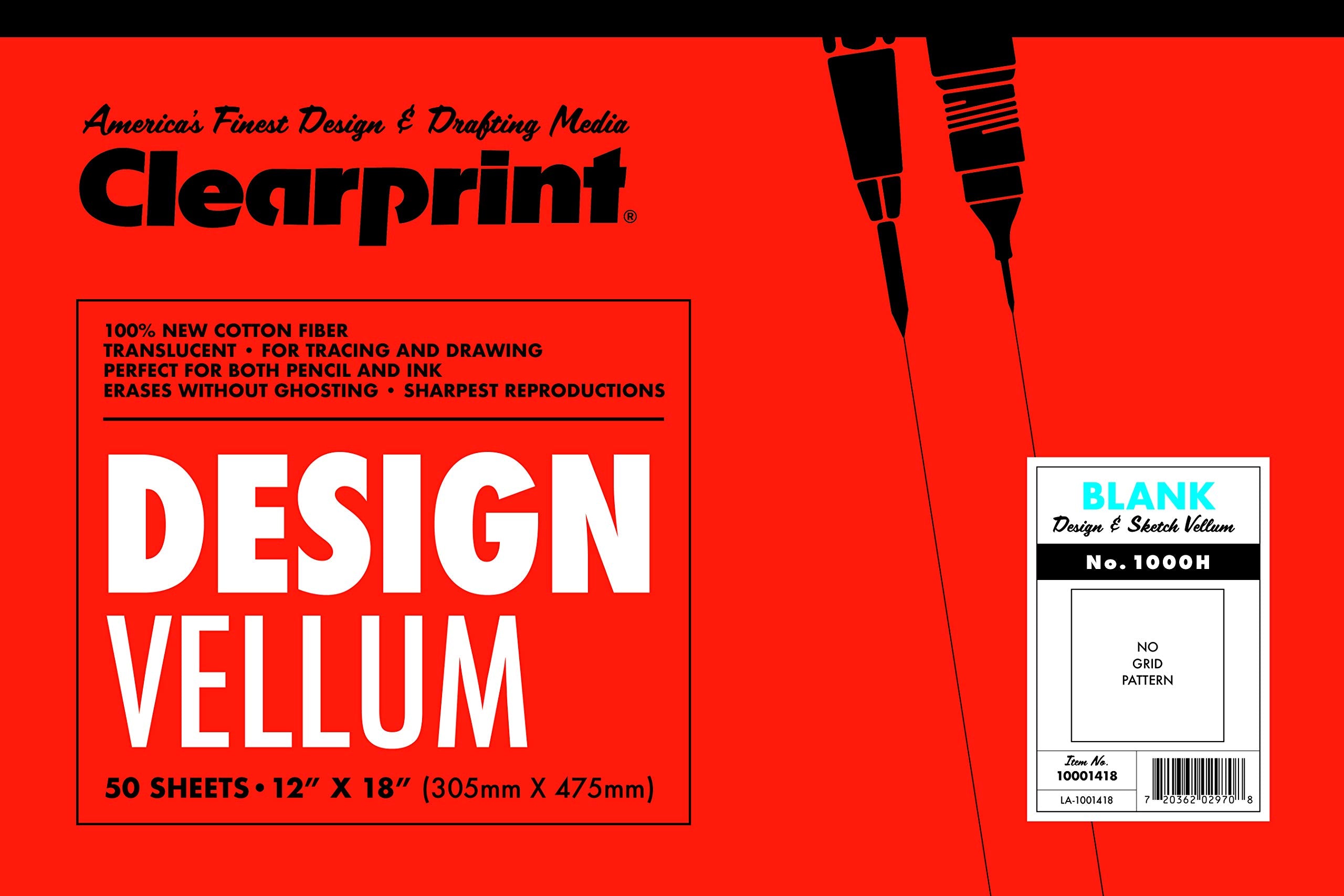 Clearprint 12" x 18" 1000H Design Vellum Pad, 16 lb., 100% Cotton, 50 Sheets, 1 Each
