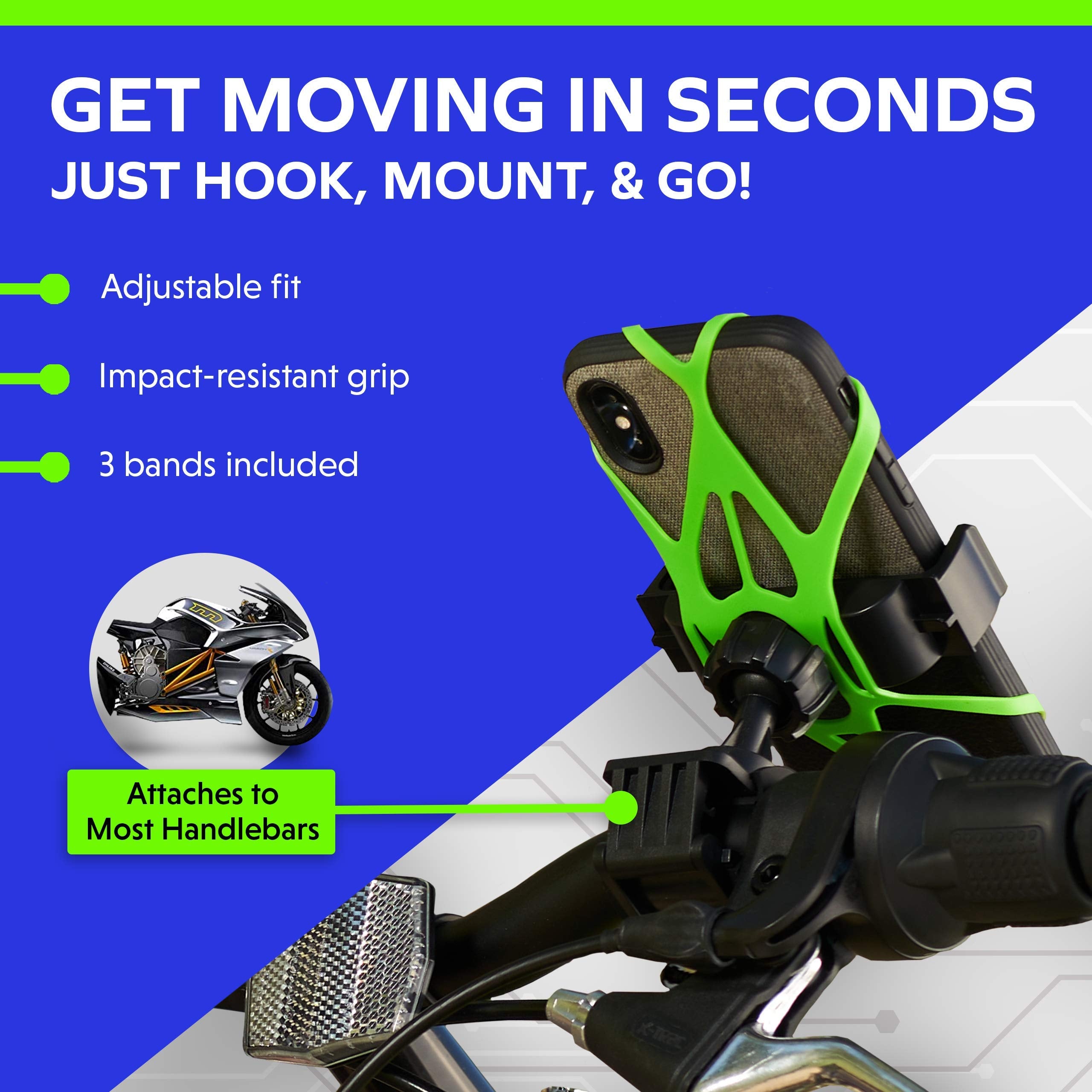 Mongoora Bike & Motorcycle Phone Mount - GPS Cell Phone Holder for Bicycle Handlebar - Easy to Install Bike Accessories Fits iPhone, Galaxy, Android - Stocking Stuffers - 3 Bands (Black, Red, Green)