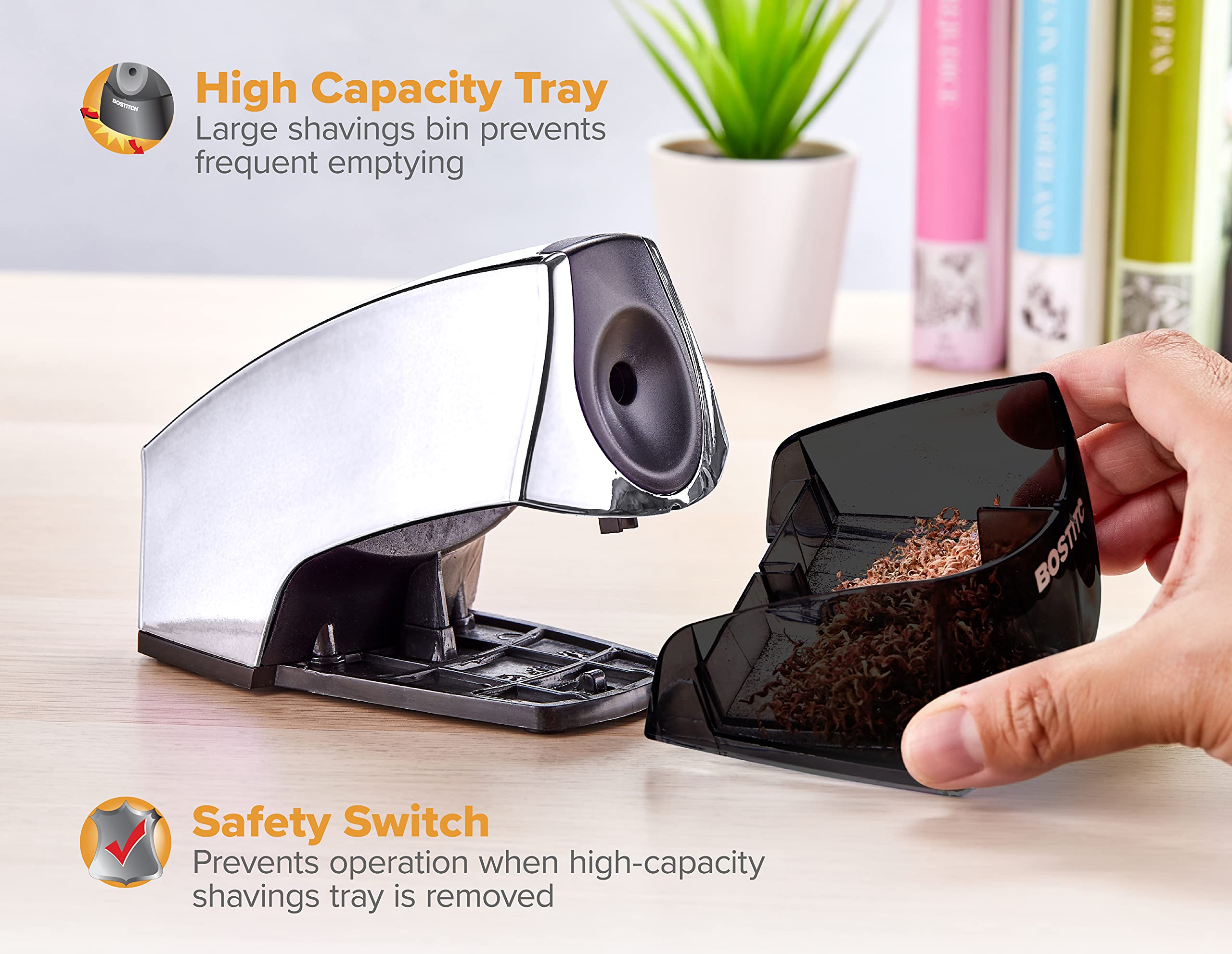 Bostitch Office Electric Pencil Sharpener for Classroom & Desk Use, Heavy-Duty Stall-Free Motor, High-Capacity Shavings Tray, Chrome