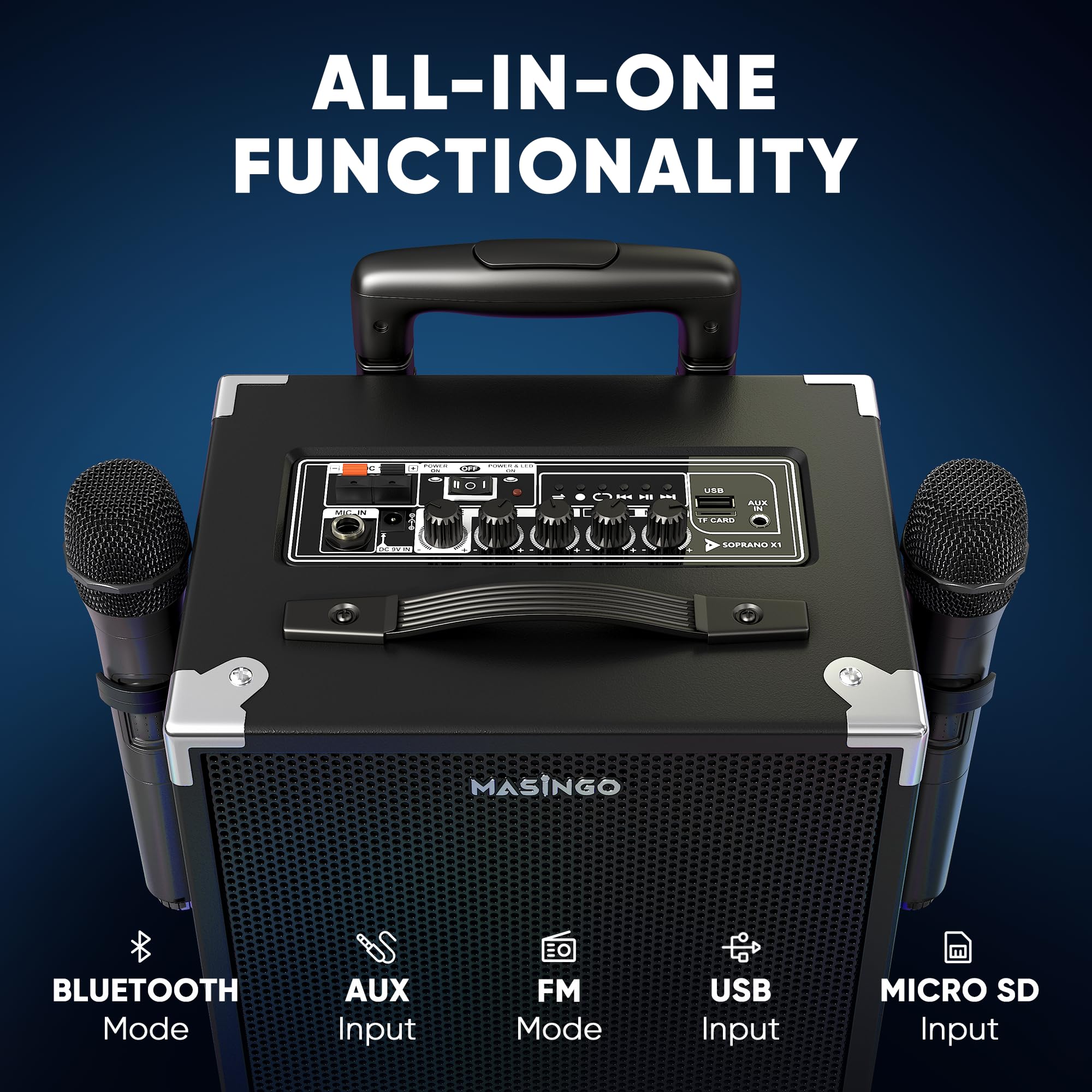 MASINGO Karaoke Machine for Adults and Kids, 40W Speaker with 8" Woofer, 2 Wireless Microphones, Bluetooth, USB, MicroSD, FM Radio, TV Connection, Tablet Holder, and Real-Time Karaoke Mode, Soprano X2