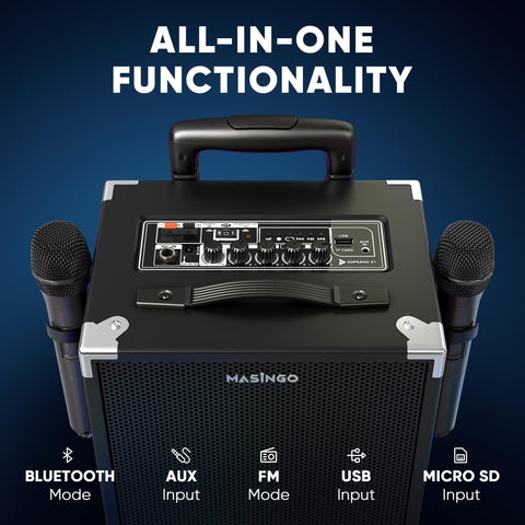 MASINGO Karaoke Machine for Adults and Kids, 40W Speaker with 8" Woofer, 2 Wireless Microphones, Bluetooth, USB, MicroSD, FM Radio, TV Connection, Tablet Holder, and Real-Time Karaoke Mode, Soprano X2