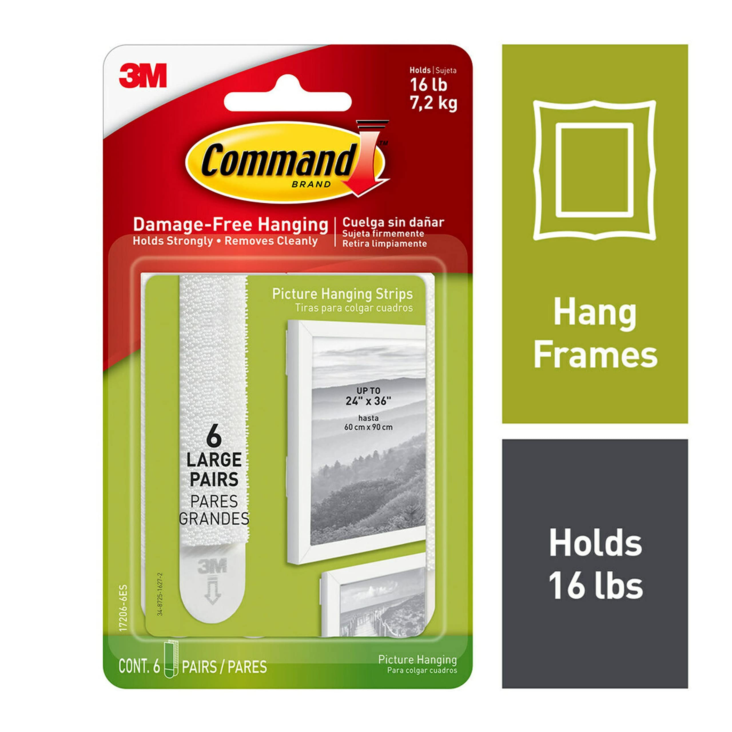 Command Picture & Frame Hanging Strips Heavy Duty, Large, White, Holds 16 lbs, 4-Packs, 6-Pairs/Pack (24 Pairs Total)