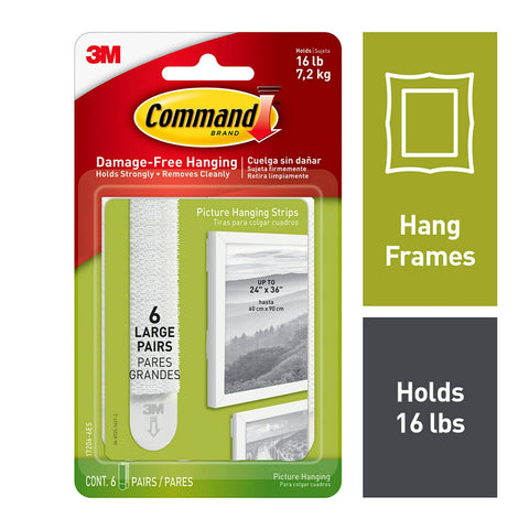 Command Picture & Frame Hanging Strips Heavy Duty, Large, White, Holds 16 lbs, 4-Packs, 6-Pairs/Pack (24 Pairs Total)