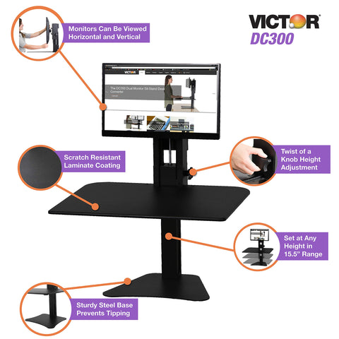 Victor High Rise Standing Desk Workstation, 28" X 23" X 10.5" to 15.5", Black