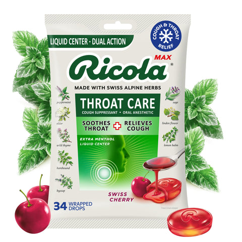Ricola MAX Throat Care Swiss Cherry Drops with Extra Menthol Liquid Center - Maximum Cough and Sore Throat Relief for Cold & Flu Symptoms - 34 Count - Herbal Lozenges