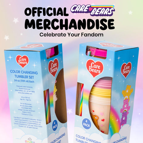 Silver Buffalo Care Bears Hearts and Stars 4 Pack Plastic Color Changing Tumblers with Rainbow Swirl Straws Featuring Tenderheart, Funshine, Cheer, and Grumpy Bear 24 Ounces