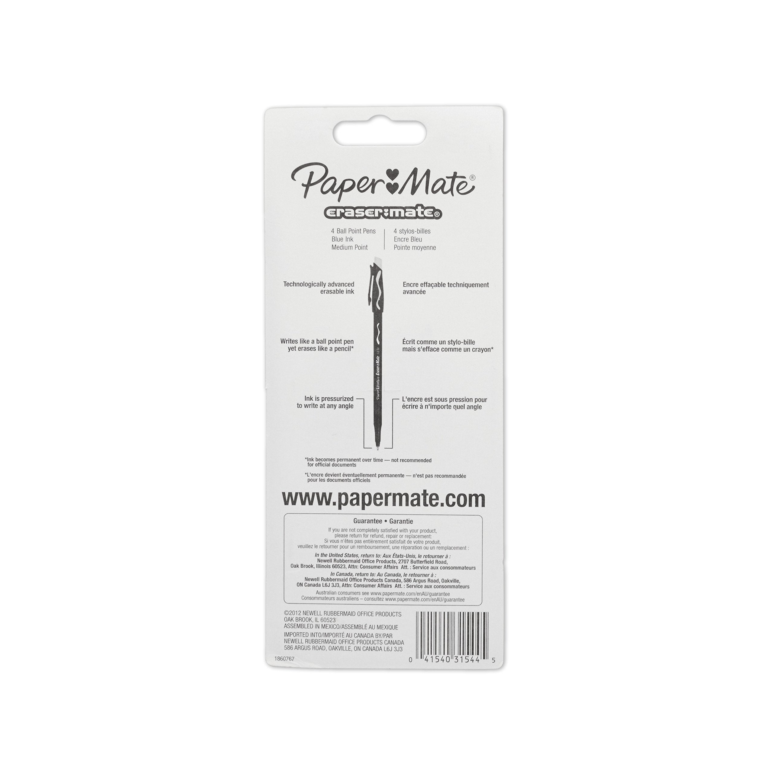 Paper Mate® EraserMate® Pens, Medium Point, 1.0 mm, Blue Barrel, Blue Ink, Pack Of 5
