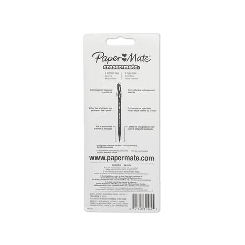 Paper Mate® EraserMate® Pens, Medium Point, 1.0 mm, Blue Barrel, Blue Ink, Pack Of 5