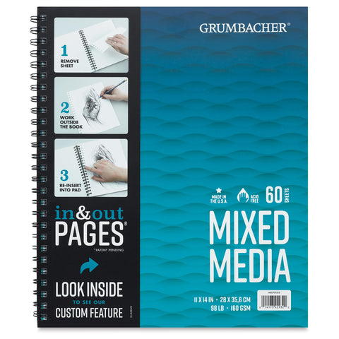 Grumbacher 11" x 14" Mixed Media Paper Pad with in & Out Pages, 160 GSM, Side Wire Bound, 60 White Sheets/Pad, 1 Each