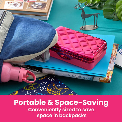 It's Academic Metallic Pencil Case Box, Hard Plastic, Stylish Quilted-Pattern Lid, Pink