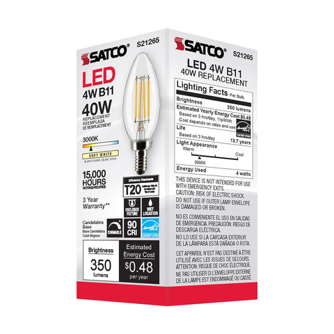 Satco 4 Watt B11 LED Filament Candle Light Bulbs - Clear - E12 Candelabra Base - 90 CRI - 3000K Soft White - 350 Lumens - 120 Volts - Dimmable - Wet Location (6 Bulbs)