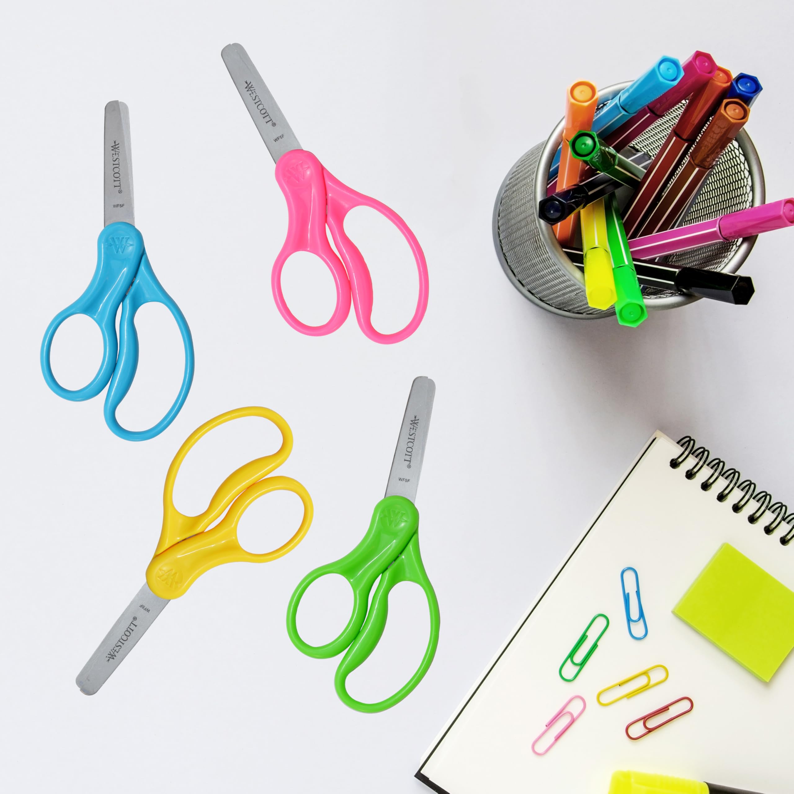 Westcott 13594 Left-Handed Scissors, Hard Handle Kids' Scissors, Back to School, Classroom Supplies, Ages 4-8, 5-Inch Blunt Tip, Color Varies