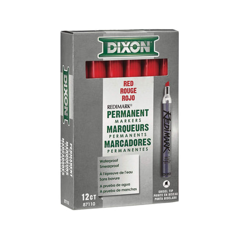 DIXON Industrial RediMark Permanent Markers, Chisel Point, Metal Barrel, Box of 12 Markers, Red (87110)
