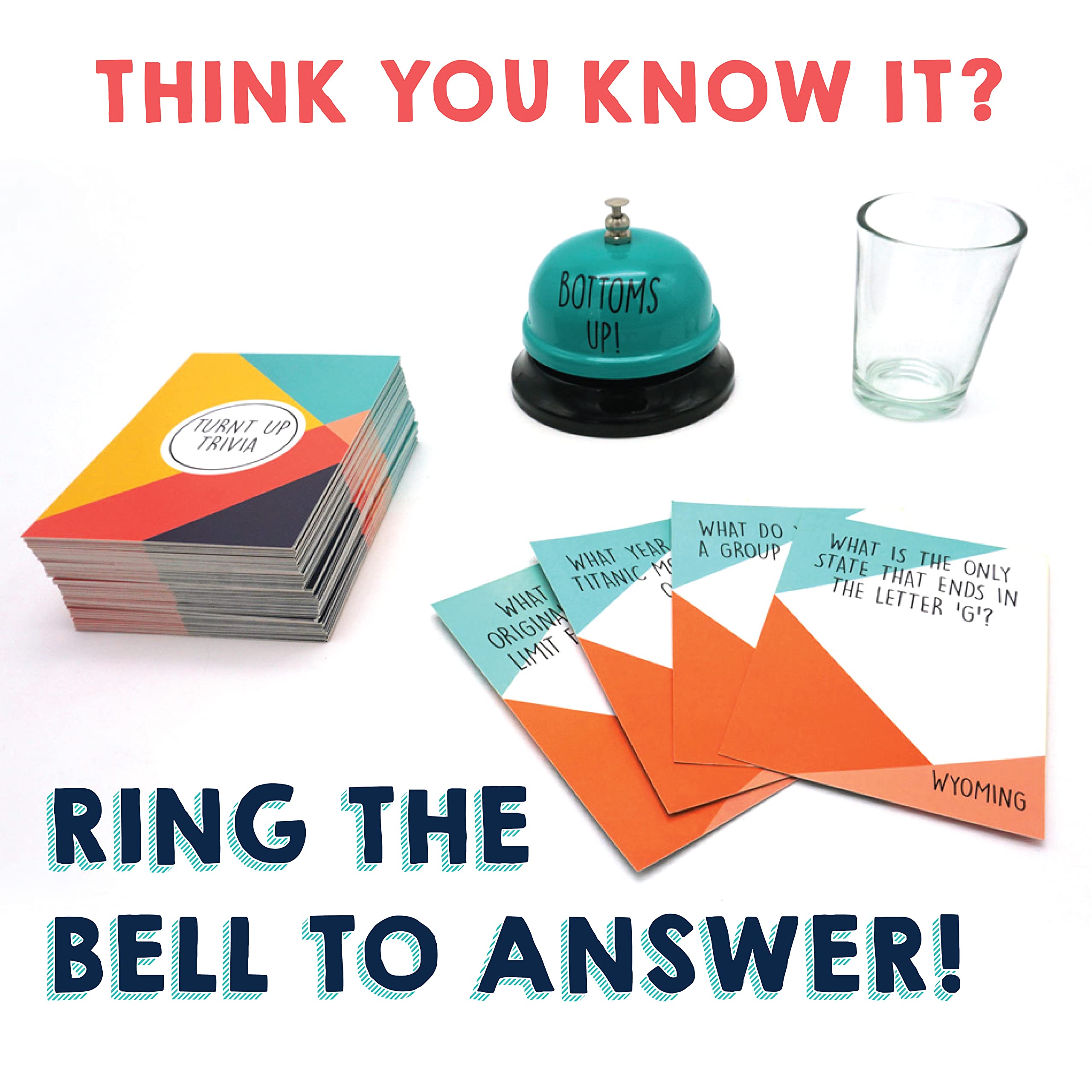 TMD Retail Turnt Up Trivia Card Game for Adults - Call Bell Game for Family and Friends - Bachelor and Birthday Party Trivia With 1.5 Oz Shot Glass (44 Ml)
