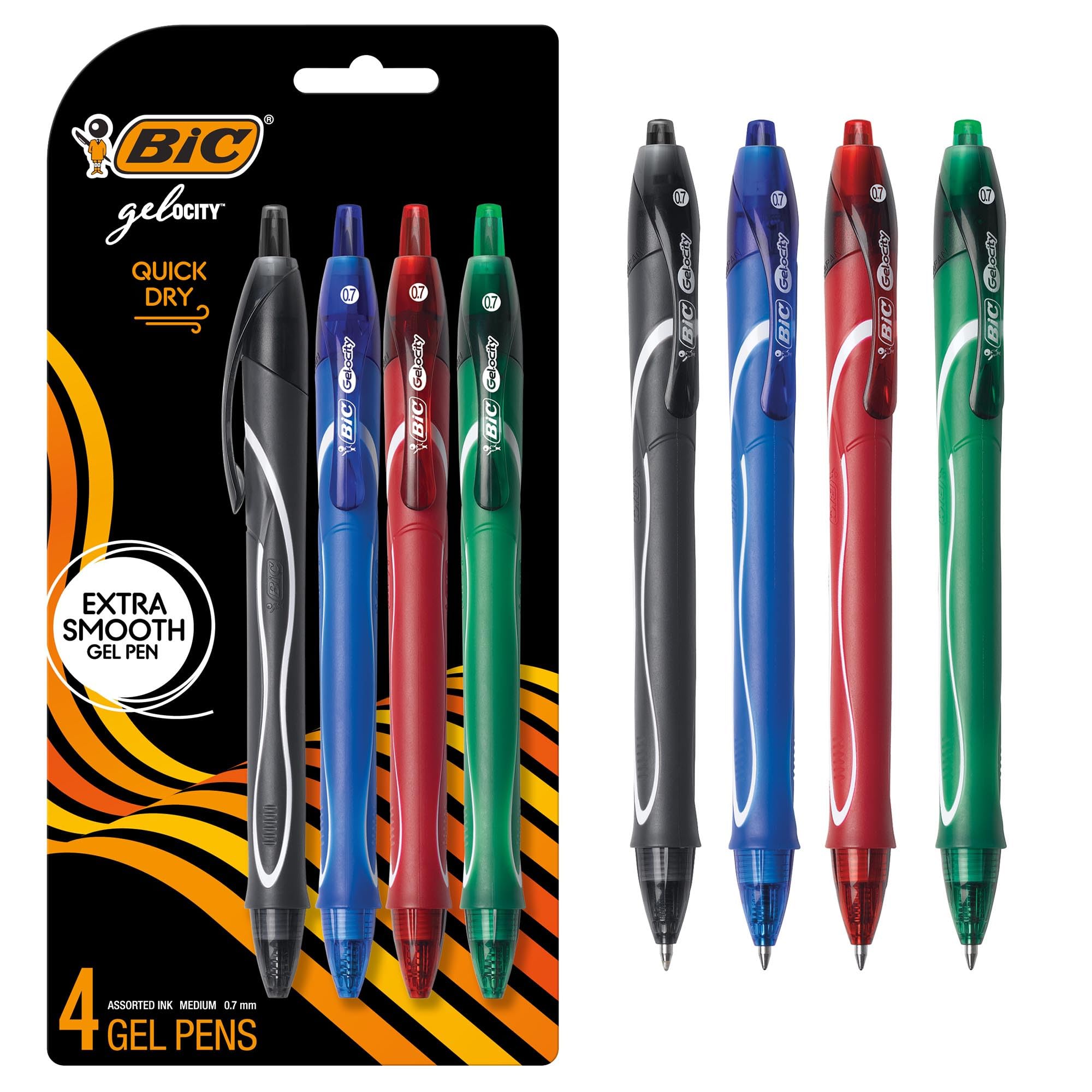 BIC Gelocity Quick Dry Assorted Colors Gel Pens, Medium Point (0.7mm), 4-Count Pack, Retractable Gel Pens With Comfortable Full Grip
