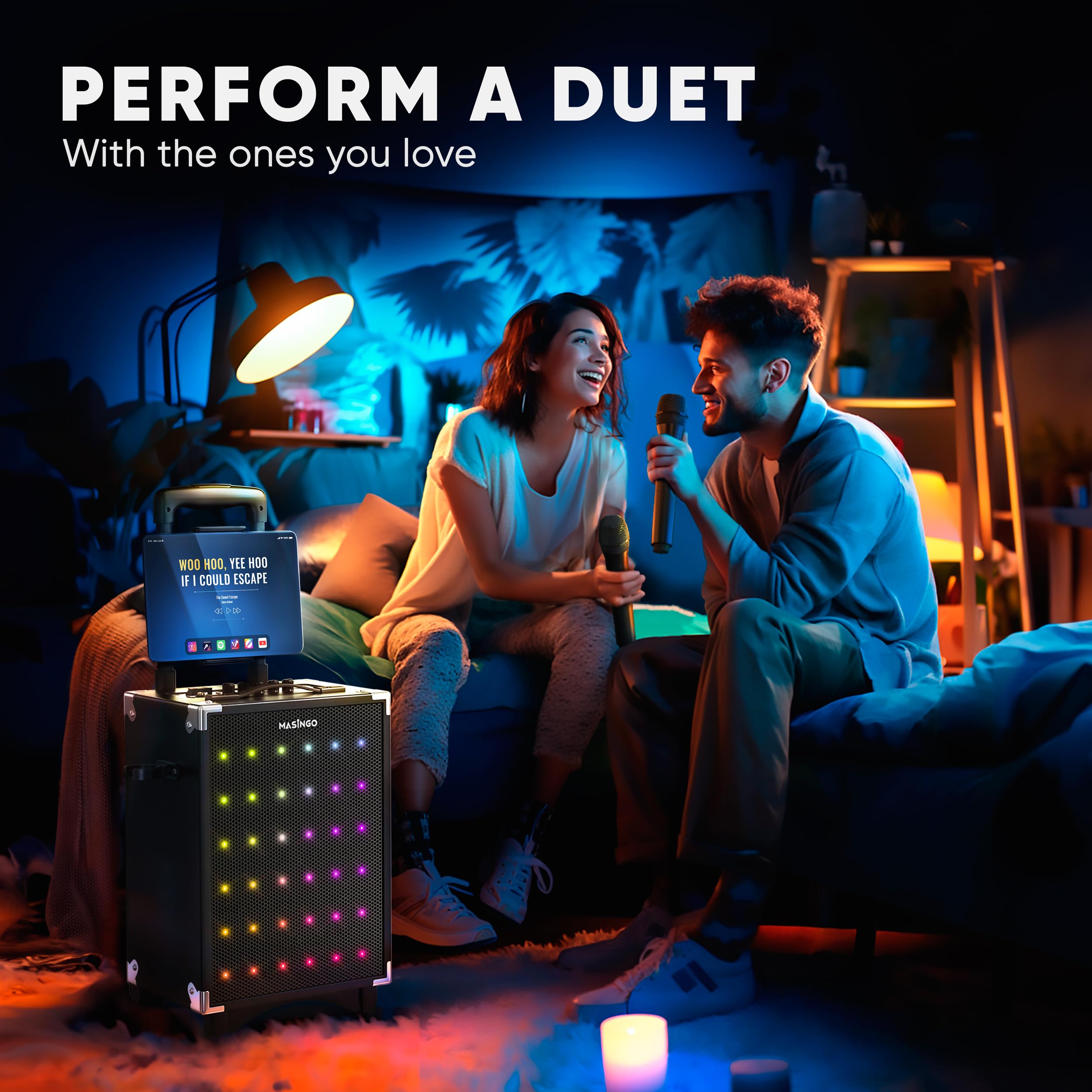 MASINGO Karaoke Machine for Adults and Kids, 40W Speaker with 8" Woofer, 2 Wireless Microphones, Bluetooth, USB, MicroSD, FM Radio, TV Connection, Tablet Holder, and Real-Time Karaoke Mode, Soprano X2