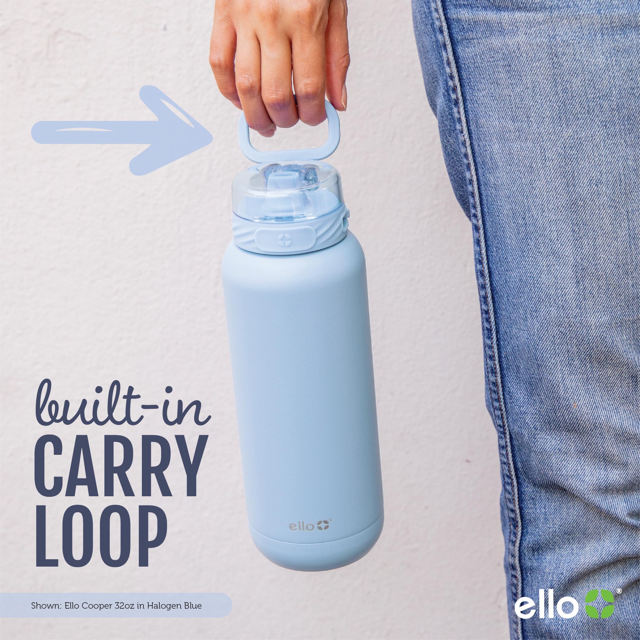 Ello Cooper 40oz Stainless Steel Water Bottle with Straw and Carry Handle, Double Walled and Vacuum Insulated Metal, Leak Proof Locking Lid with Soft Silicone Spout, Reusable, BPA Free, Sage
