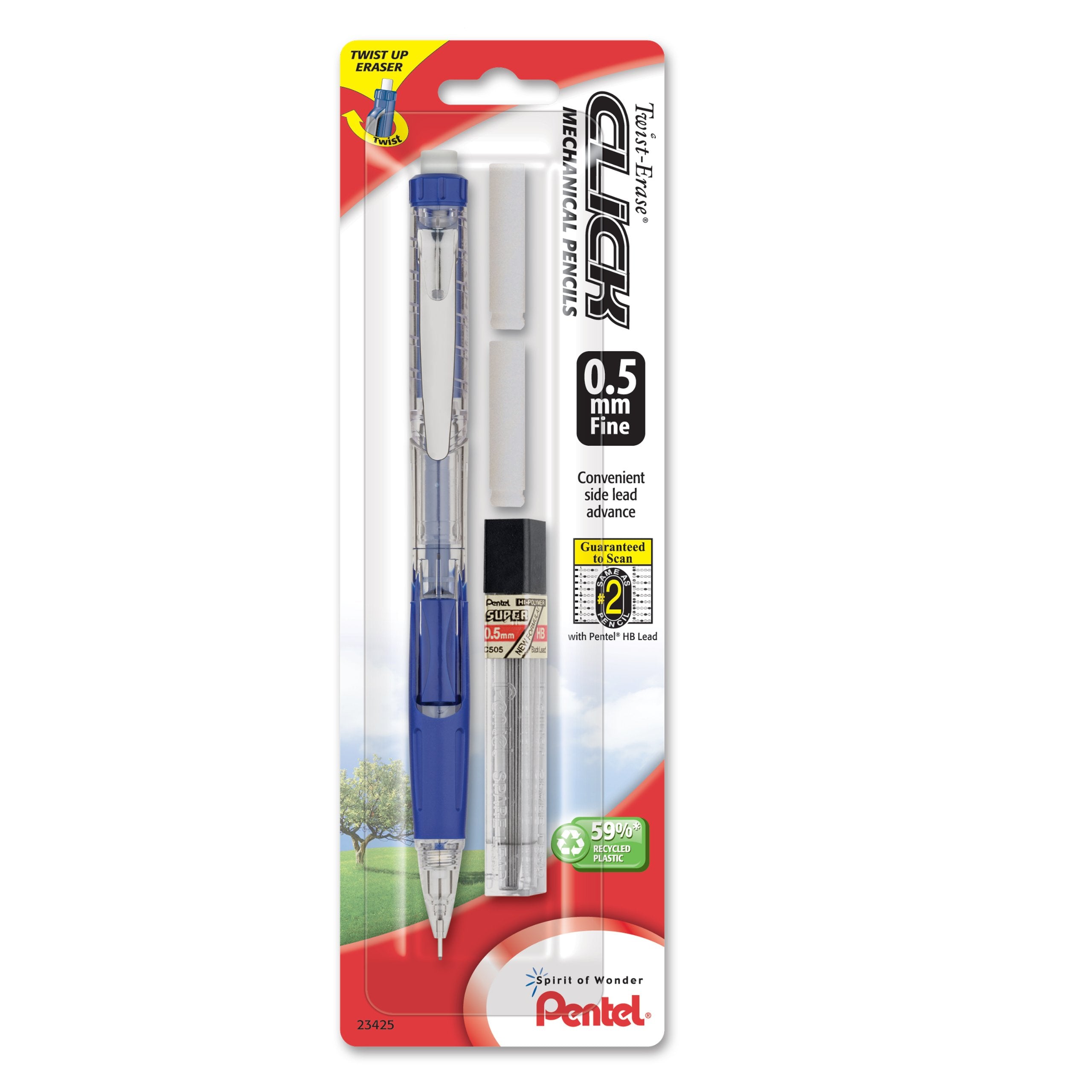 Pentel Twist Erase CLICK Automatic Pencil with 2 Eraser Refills and Lead, 0.5mm, Assorted Barrels, Color May Vary, 1 Pack (PD275TLEBP), Assorted Colors