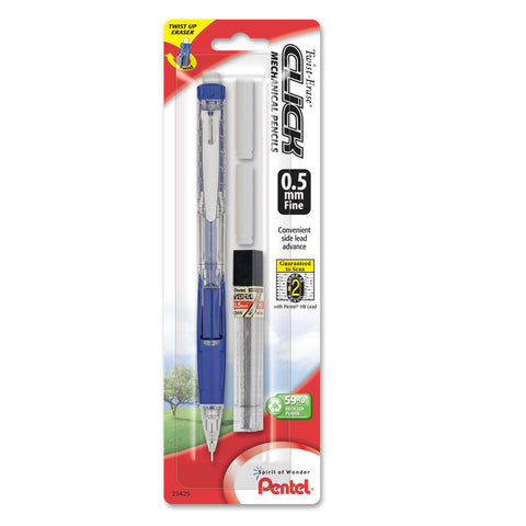 Pentel Twist Erase CLICK Automatic Pencil with 2 Eraser Refills and Lead, 0.5mm, Assorted Barrels, Color May Vary, 1 Pack (PD275TLEBP), Assorted Colors