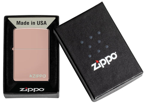 Zippo High Polish Rose Gold Logo Pocket Lighter