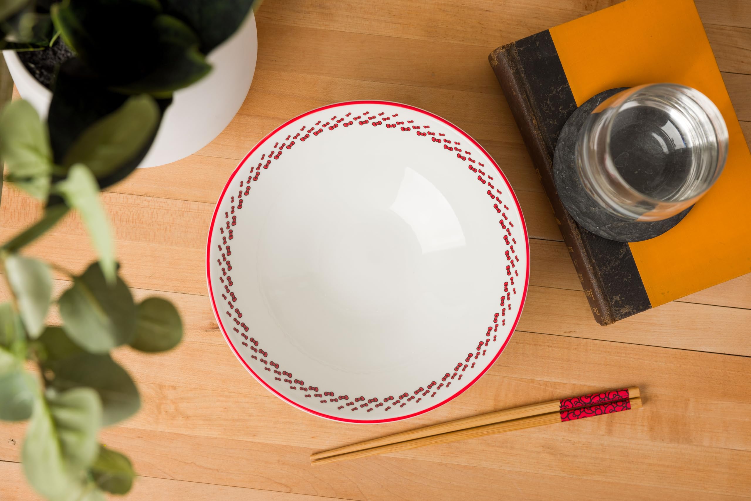 Silver Buffalo Hello Kitty Red Stripes and Bows Ceramic Ramen Noodle Rice Bowl with Chopsticks, Microwave Safe, 30 Ounces