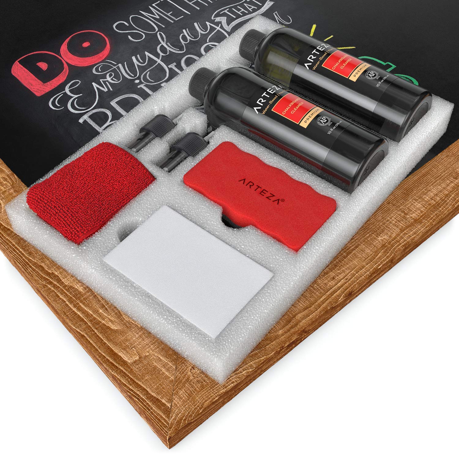 Arteza Chalkboard Cleaner Set with 2 Cleaners, 10-Ounces Each, 1 Microfiber Fabric Towel, 2 Magic Sponges & 1 Magnetic Eraser, Office Supplies for Chalkboards, Blackboards & Glass Surfaces