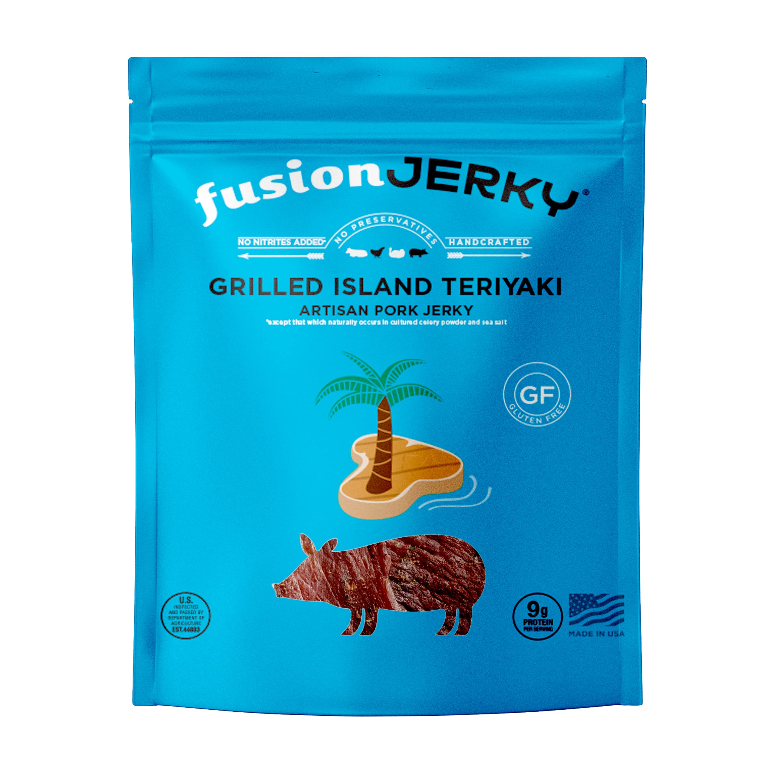 Fusion Jerky Artisan Pork Jerky, Grilled Island Teriyaki, 2.5 oz - All Natural, 9g Protein, Premium USA Sourced Meat, Gluten Free, Prime Cuts, No Nitrates, No Added MSG, No Preservatives, Made in USA