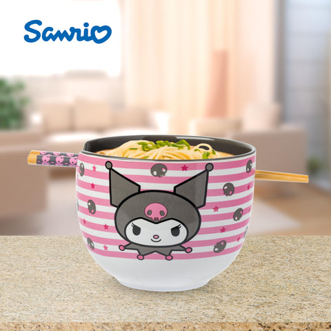 Silver Buffalo Hello Kitty and Friends Kuromi Skulls and Stars Ceramic Ramen Noodle Rice Bowl with Chopsticks, Microwave Safe, 20 Ounces