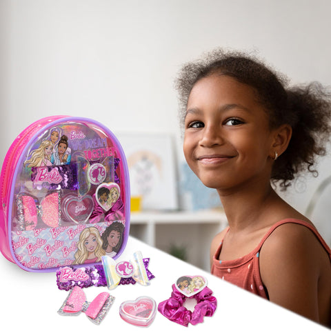 Barbie - Townley Girl Backpack Cosmetic Makeup Gift Bag Set Includes Hair Accessories and Printed PVC Back-Pack for Kids Girls, Ages 3+ Perfect for Parties, Sleepovers and Makeovers