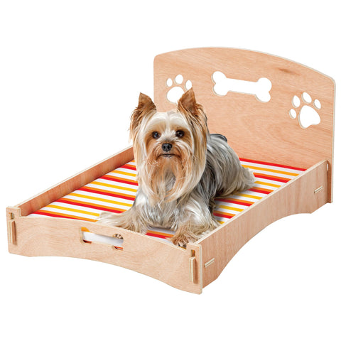 Etna Products Wooden Dog Bed Bone and Footprint Design with Removable Stripe Cushion, Small Pet Bed for Indoor/Outdoor Use 22" L x 16" W x 12" H