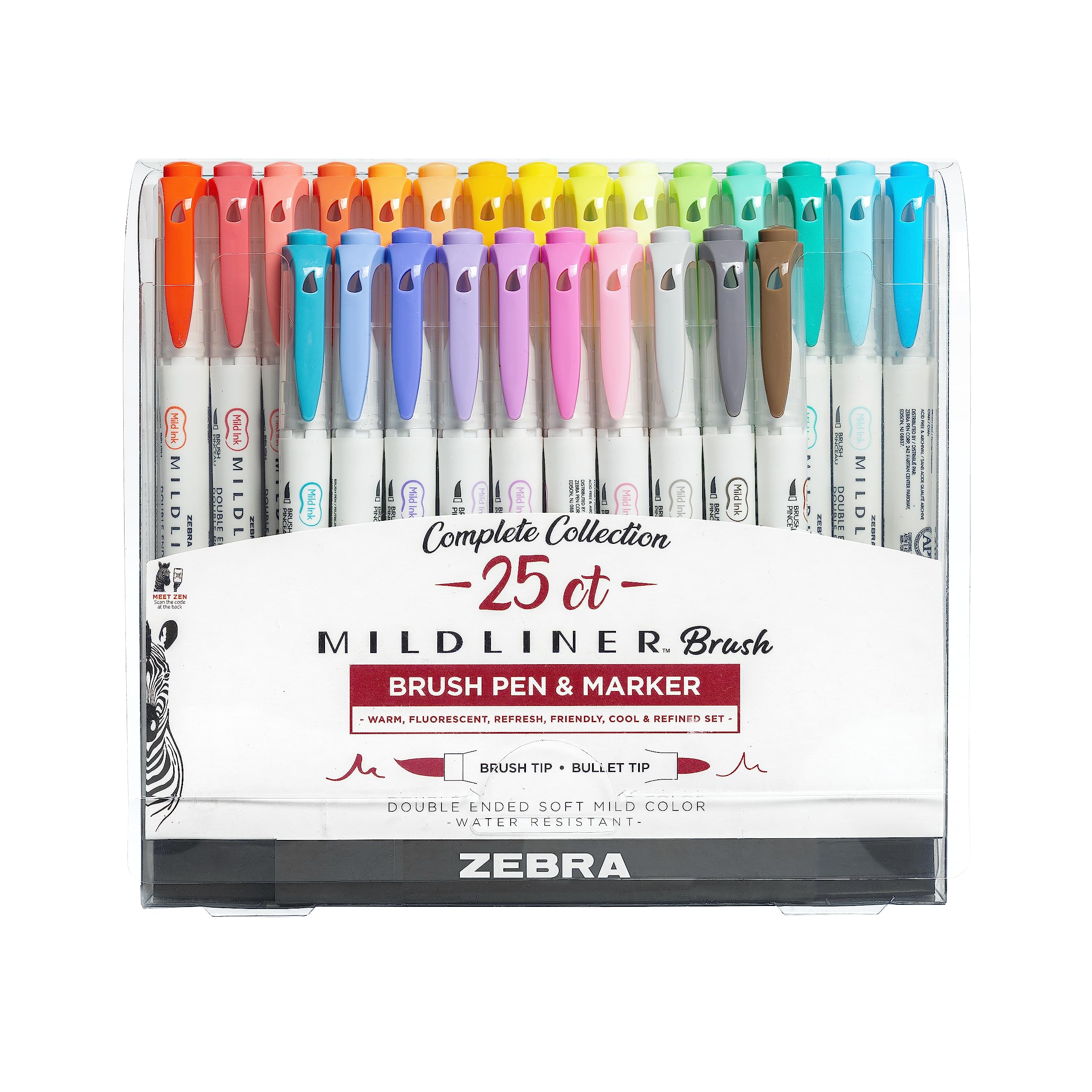 Zebra Pen, Mildliner Dual-Ended Brush Pens, 25 Assorted Colors, Soft Mild Ink, Brush and Fine Bullet Tips, No Bleed-Through Pigment Ink for Journaling, Calligraphy, Planners, Art, 25-Pack (79125)